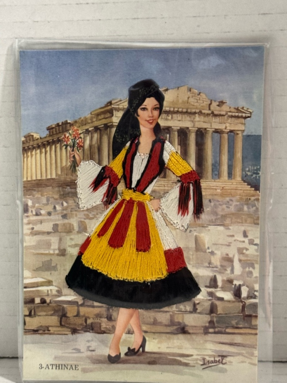 VTG 1960s Embroidered Greek Postcard/ Athens
